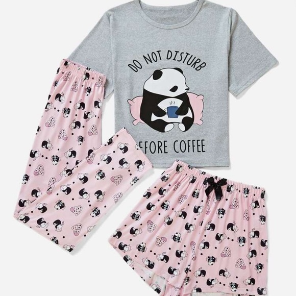 3 Piece Pajama Set - Panda - Do Not Disturb Before Coffee NWT - Picture 1 of 6